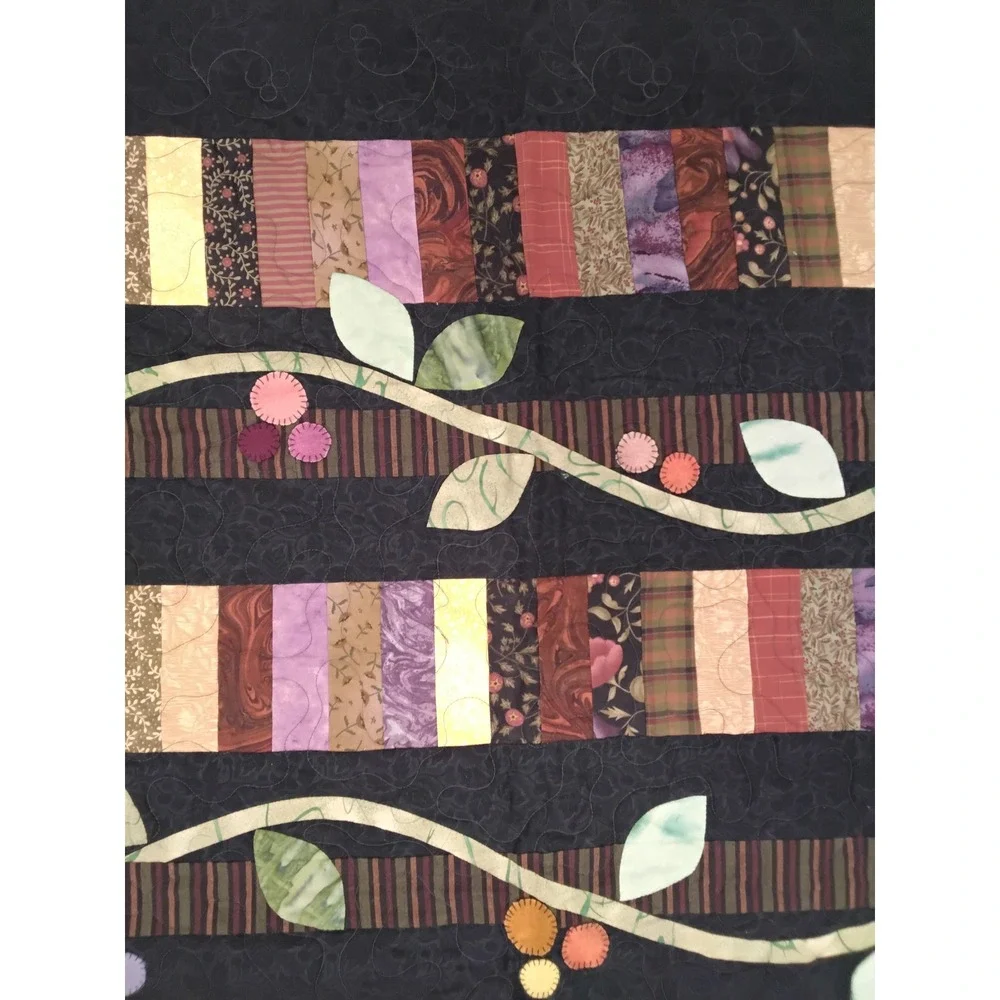 Handmade Artisan Floral‎ Vine Quilt Black Multi Color Applique 82x48 2017 Signed